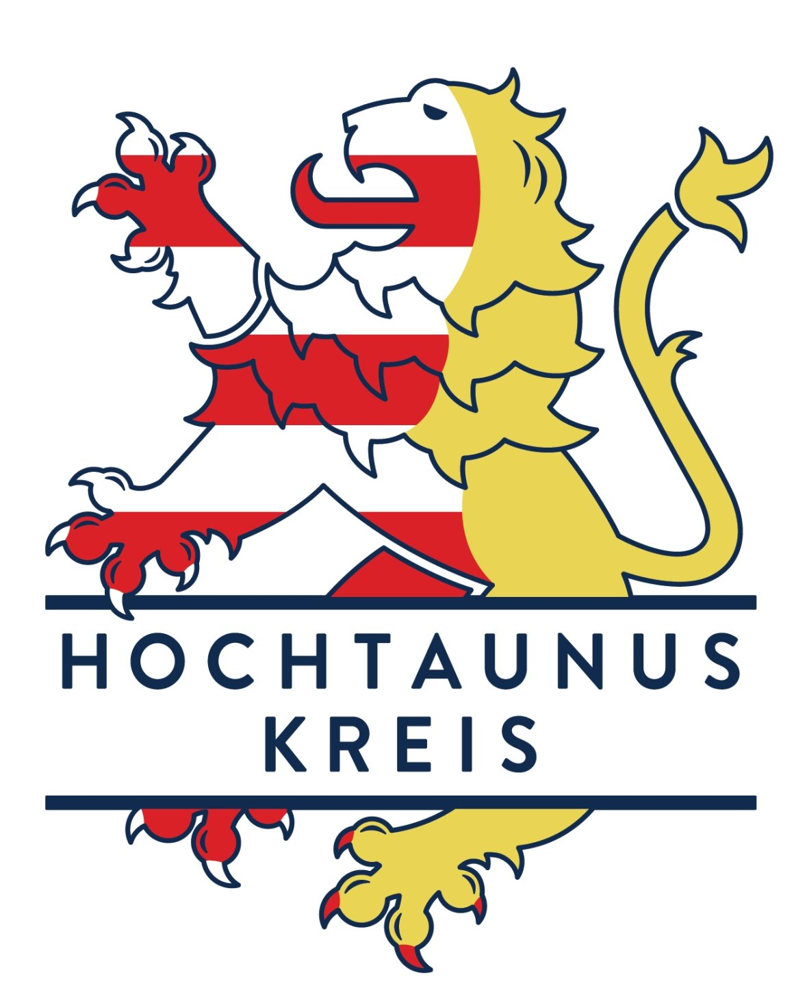 Logo des Hochtaunuskreises. Es zeigt die Grafik eines aufgerichteten Löwen, dessen vordere Hälfte rot-weiß gestreift und dessen hintere Hälfte golden ist. Mittig verläuft der Schriftzug „HOCHTAUNUS KREIS“ zwischen zwei horizontalen, dunkelblauen Linien