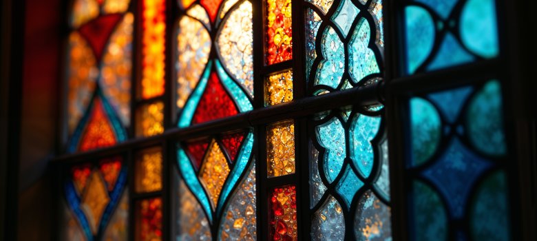 Nahaufnahme eines bunten Kirchenfensters