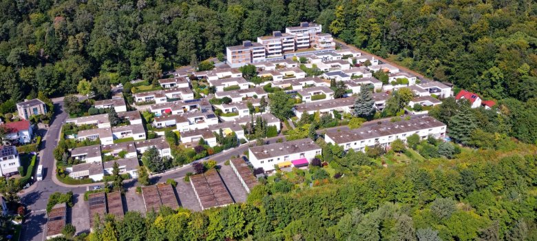 Luftaufnahme der Siedlung Roter Hang in Kronberg im Taunus, eingebettet in ein dichtes Waldgebiet mit terrassierten, weißen Flachdachhäusern