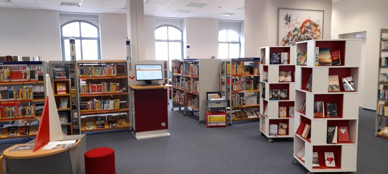 Mehere Bücherregale mit Büchern, im Hintergrund große Fenster, hinten in der Mitte ein Monitor