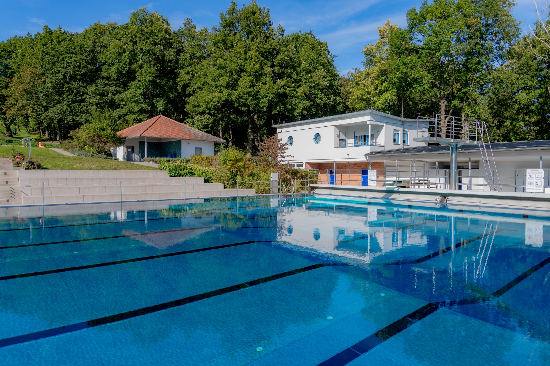 Blick über das blaue, spiegelglatte Sportbecken im Kronberger Waldschwimmbad mit den Startbahnen, dem Sprungturm und den Funktionsgebäuden vor einer dichten Waldkulisse.