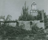 Historische Schwarz-Weiß-Fotografie der Burg Kronberg mit dem markanten Freiturm im Hintergrund und den teilweise verfallenen, von Gestrüpp bewachsenen Außenmauern im Vordergrund.