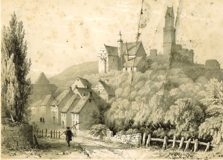 Historische Zeichnung einer mittelalterlichen Stadt mit Fachwerkhäusern, einer Kirche und der Burg Kronberg auf einer Anhöhe.