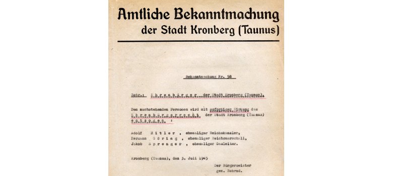 Amtliche Bekanntmachung der Aberkennung der Ehrenbürgerrechte für Adolf Hitler, Hermann Göring und Jakob Sprenger