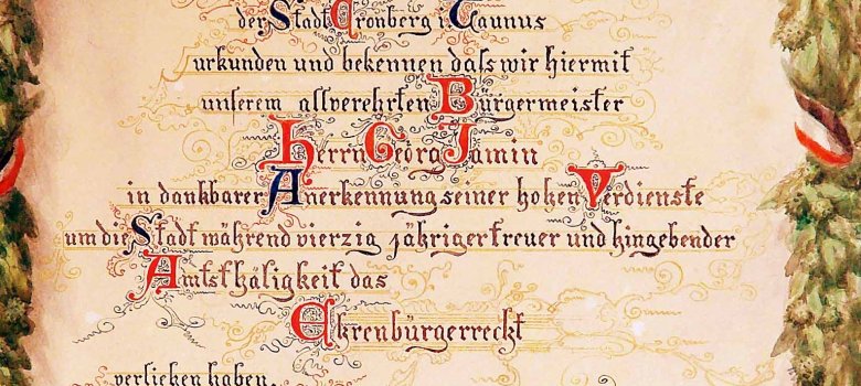 Urkunde zur Ernennung zum Ehrenbürger für Georg Jamin