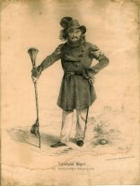 Ein historischer Kupferstich zeigt das Ganzkörperporträt eines bärtigen Tambourmajors in Uniform und Federhut, der sich auf einen langen Stab stützt.