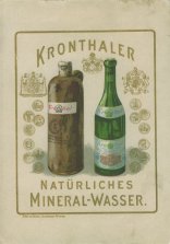 Werbeplakat des Kronthaler Mineralwassers mit 2 Wasserflaschen aus Glas und Ton