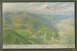 Historische, gemalte Panorama-Landkarte der Taunus-Region aus der Vogelperspektive mit Bergen, Ortschaften und dem Schriftzug "Auf zum Taunus!".