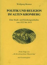 Gelber Buchumschlag von Wolfgang Ronner mit dem Titel „Politik und Religion im alten Kronberg“ und einer kleinen, ovalen historischen Ortsansicht in der Mitte.
