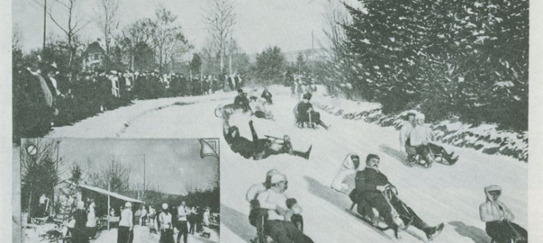 Historische Schwarz-Weiß-Postkarte der Cronenberger Rodelbahn im Taunus mit zahlreichen Schlittenfahrern auf einer schneebedeckten Bahn und einer eingeblendeten Ansicht einer Kaffeebude.