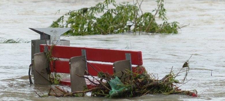 Eine rote Parkbank und ein Mülleimer stehen inmitten von braunem Hochwasser, während angeschwemmtes Geäst und Pflanzenreste an ihnen hängenbleiben