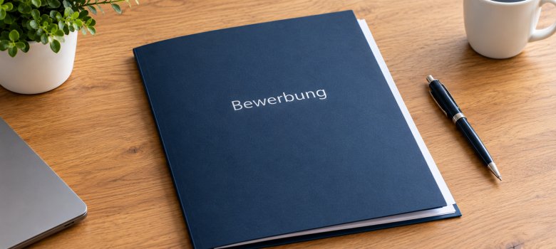 Schwarze Bewerbungsmappe auf einem Schreibtisch liegend. Daneben ein schwarzer Kugelschreiber