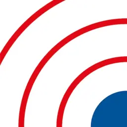 Das Logo zeigt unten rechts einen blauen Kreisabschnitt, von dem sich drei konzentrische, rote Kreisbögen auf weißem Grund nach oben links ausbreiten