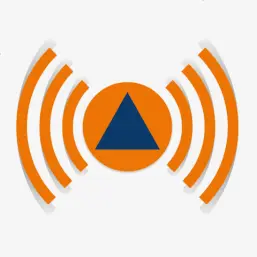 Das Logo zeigt ein blaues Dreieck in einem zentralen orangefarbenen Kreis, der links und rechts von jeweils vier bogenförmigen, orangefarbenen Signalwellen umgeben ist.