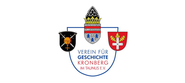 Logo des „VEREIN FÜR GESCHICHTE KRONBERG IM TAUNUS E.V.“ mit drei nebeneinander stehenden Wappen über dem Text