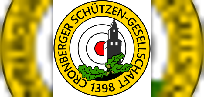 Rundes Logo der Cronberger Schützen-Gesellschaft 1398 in Gelb. Im Zentrum zeigt es eine Schießscheibe mit rotem Punkt, davor den historischen Burgturm von Kronberg und grüne Eichenblätter mit Eicheln.