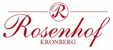 Dunkelrotes Logo von Rosenhof Kronberg mit einem eingekreisten Buchstaben R über dem geschwungenen Schriftzug „Rosenhof“ und der Ortsangabe „KRONBERG“.