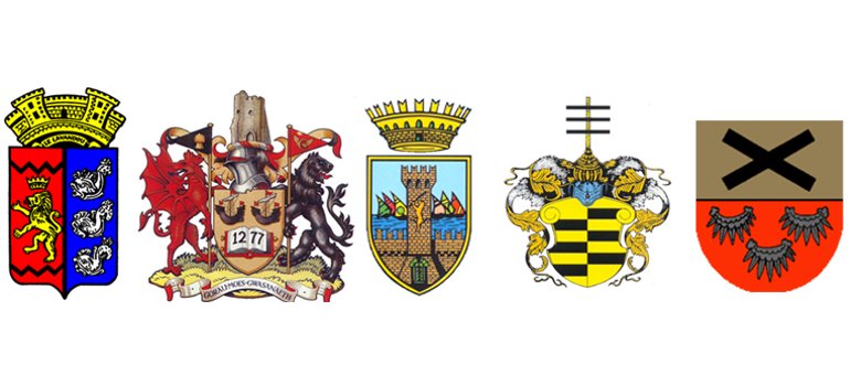 Stadtwappen (v.l.): Le Lavandou, Aberystwyth, Porto Recanati, Ballenstedt, Guldenthal