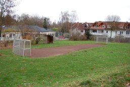 Bolzplatzfeld mit 2 Toren und Wiese um das Fußballfeld. Gebäude im Hintergrund