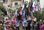 Eine große Menschenmenge feiert im Freien um einen traditionellen Festbaum, der dicht mit blau-weiß-roten Bändern geschmückt ist. Die Szene wirkt lebendig und gemeinschaftlich, wobei viele Teilnehmer einheitliche pinkfarbene T-Shirts tragen