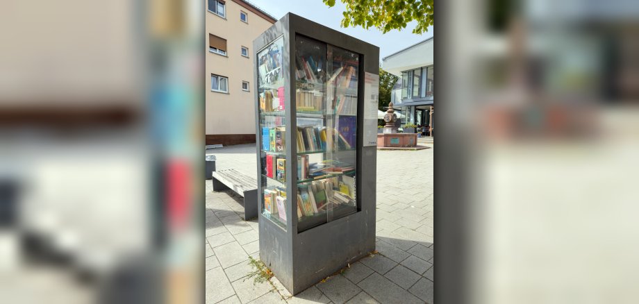 Dalles Bücherschrank Ein moderner, grauer öffentlicher Bücherschrank aus Metall mit großen Glasscheiben auf einem gepflasterten Stadtplatz. Die Regale im Inneren sind dicht mit Büchern bestückt. Im Hintergrund sind eine Holzbank, ein Wohngebäude und ein Brunnen unter Bäumen zu sehen. Am Schrank befindet sich ein Hinweisschild mit dem Logo der Stadt Kronberg