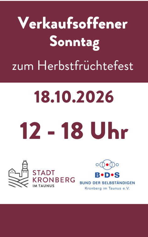 Logos Termine Ionas .pdf - 6 Ankündigungsgrafik für den verkaufsoffenen Sonntag zum Herbstfrüchtefest am 18.10.2026 von 12 bis 18 Uhr mit den Logos der Stadt Kronberg im Taunus und des BDS Kronberg.