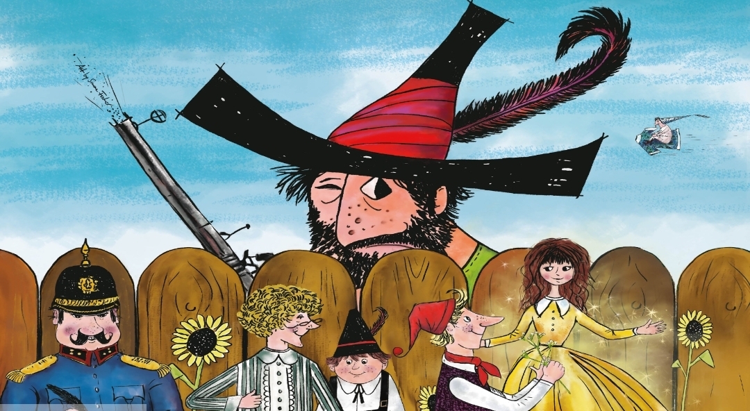 Der Räuber Hotzenplotz Farbenfrohe Buchillustration aus „Der Räuber Hotzenplotz“: Der bärtige Räuber mit großem Hut schaut hinter einem Holzzaun hervor, vor dem der Wachtmeister Dimpfelmoser, Kasperl, Seppel und die Fee Amaryllis stehen.