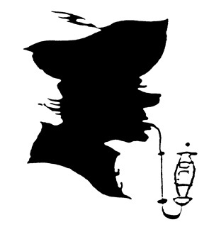Schwarze Silhouette im Profil, die den Kopf eines Mannes mit einem großen Hut inklusive Feder zeigt, der eine traditionelle Gesteinspfeife im Mund hat.